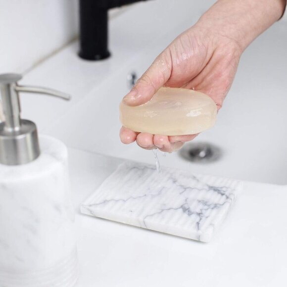 White Marble Soap Dish Holder Jewelry Ring Tray Sink Dish Sponge Holder for Bath - Picture 2 of 6